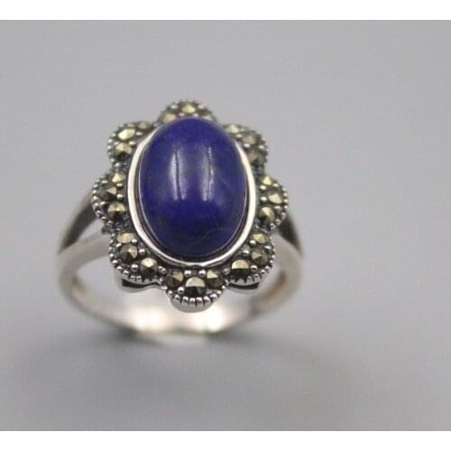 Pure 925 Sterling Silver Ring The Widest 19mm Marcasite Lace Round Lapis Lazuli Bead Ring For Womnan Man
