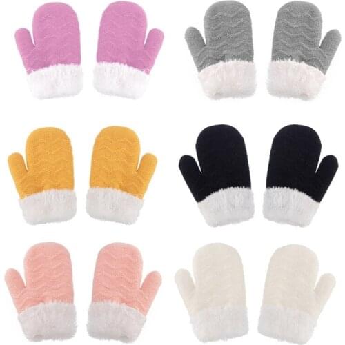 1 Pair Winter Baby Kids Knitted Mittens Toddlers Plush Warm Full Finger Gloves