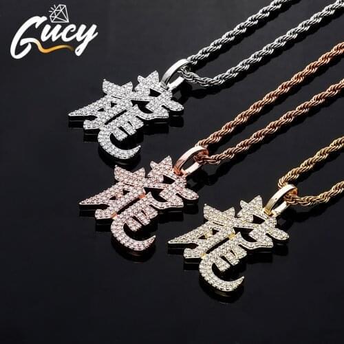 GUCY New Hip Hop Pendant Necklace Iced Out Cubic Zirconia Mascot Ornaments Chinese characters pendant Send Gift For Men