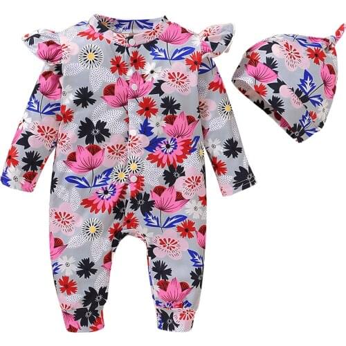 Newborn Infant Baby Girls Clothes Long Sleeve Ruffles Floral Print Romper Jumpsuit+Hat 3 6 12 18 Months barboteuse bébé fille