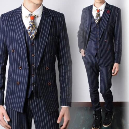 Black Mens Suit 3 Pieces Pinstripe Notched Lapel Tuxedos Slim Fit Groomman Wedding New Suits with Pant(blazer+pants+vest) Prom