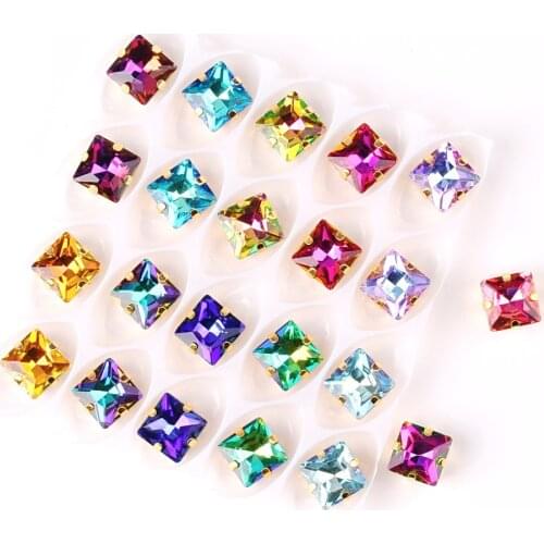 Square shape Gold claw settings 50pcs/Pack rainbow & Jelly AB colors glass Crystal 8mm Sew on rhinestone Crystals applique diy