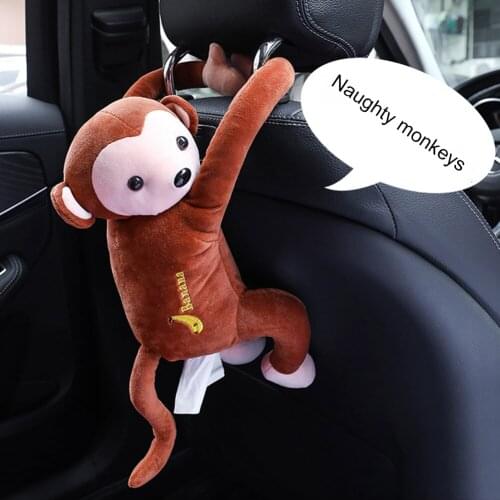 Multi-use Car Tissue Boxes Cute Plush Cartoon Monkey Napkin Paper Storage Holder Hanging or Armrest Tissue Bags Headrest Pillow