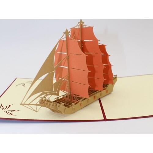 3D Handmade Sea Overlord Orange Flag Sailing Ship Pirate Boat Paper Greeting Card+Envelope Business Postcard Birthday Child Gift