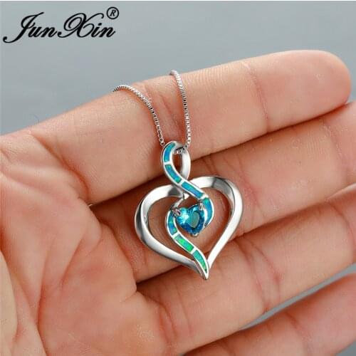 Aqua Blue Fire Opal Necklace Heart Pendant Infinity Necklaces For Women Silver Color Engagement Wedding Short Choker Jewelry