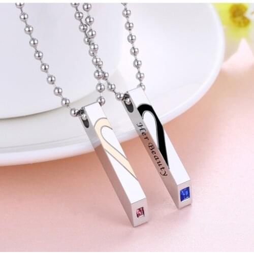 Fashion One Pair Silver Color Necklaces For Women Heart Shape Men Necklace Pendants Couple Cubic Zircon Necklace Lovers