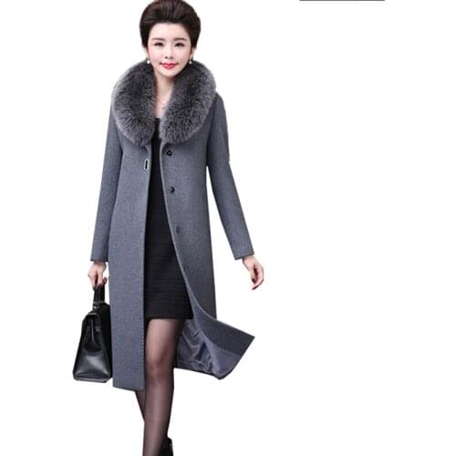 NEW Woolen Coat Women Outerwear Length Autumn Winter Plus Size Mother Wool Overcoat Female Large Fur Collar Cashmere Trench Coat