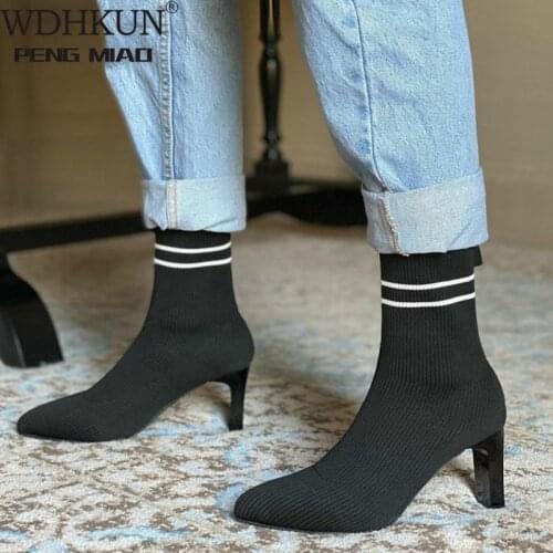 Sexy Knitting Boots High Heels Dress Shoes 2020 New Pointed Toe Fashion Booties Black Striped Stretch Fabric Botas Mujer