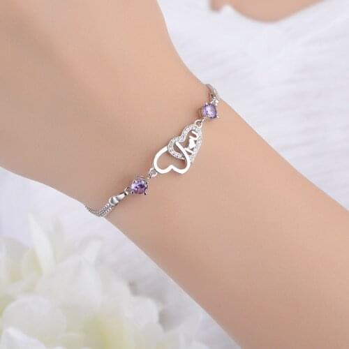 925 Sterling Silver Double Layer Crystal Heart Shape Charm Bracelet &Bangle For Women Elegant Wedding Jewelry sl081