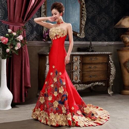 Red Mermaid Cheongsam Traditional Chinese Wedding Dress Women Dress Elegant Fishtail Evening Dress Flower Qipao Sexy Strapless