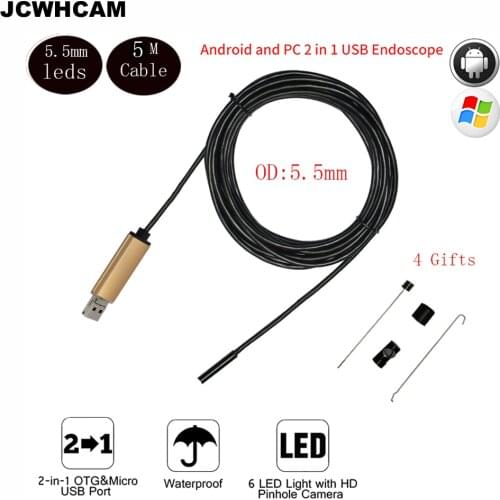 JCWHCAM 5M Waterproof Endoscope Mini HD Camera Snake Tube 5.5mm Lens Cable USB Inspection with LED Borescopefor Android Phone PC