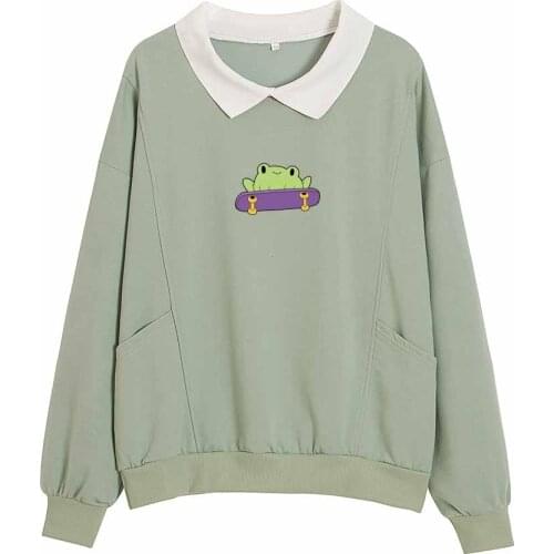 Kawaii Frog Oversized Sweatshirt Women Pullover Hoodie Japanese Fashion Harajuku Winter Clothes Women Collar Top Long Sleeve