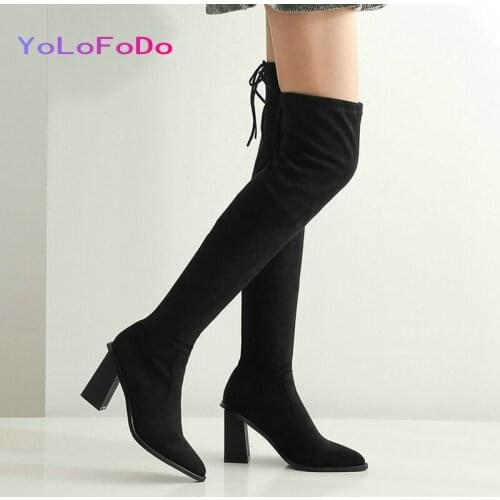 2021 Autumn Winter Women Over the Knee Boots Faux Suede Square High Heel Boots Fashion Pointed Toe Women Thigh Boots Plus Size43