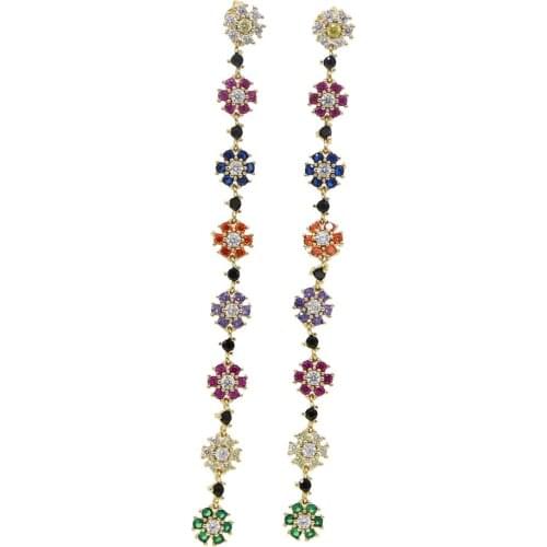 2019 new arrived fashion rainbow colorful cz trendy gorgeous women jewelry geometric long tassel drop cz flower fashion earring
