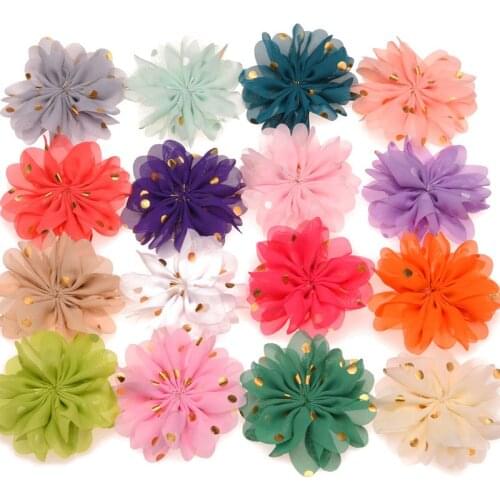 24PCS Gold Point Print Chiffon Puffy Flowers DIY Hair Flower for Hari Accessory Cheap Flowers Without Clips