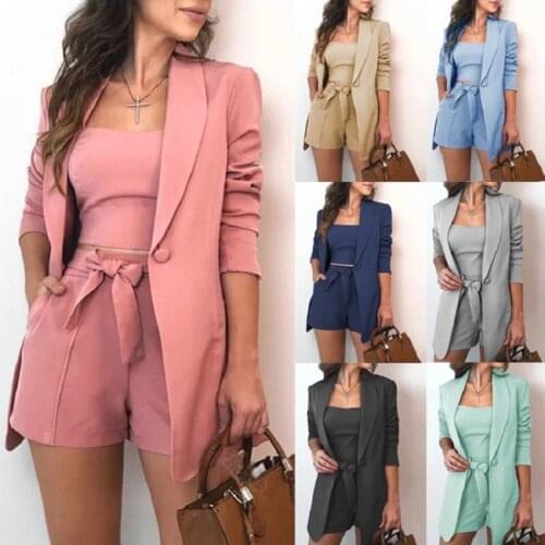 2021 New Fashion Spring Autumn Solid 7Colors Vest Suit Coat High Waist Shorts 3 Pcs Womens Jacket Suit