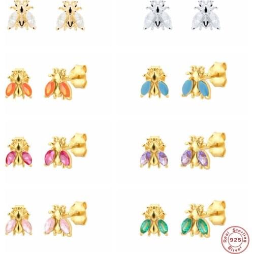 Aide 925 Sterling Silver Rainbow Zircon Wing Bees Stud Earrings For Women Luxury Animal Ohrringe Piercing Pendiente Fine Jewelry