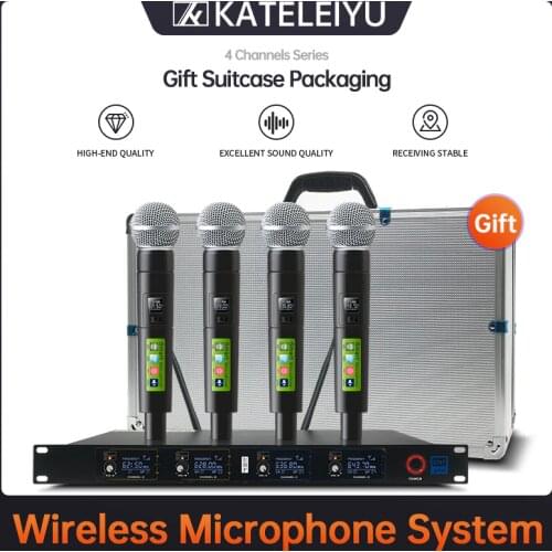 Top Professional 4 Channel UHF Wireless karaoke Microphone System with carry case handhled MIC for Stage Church wedding