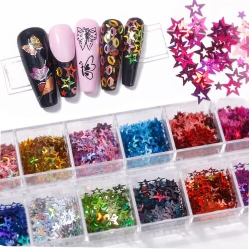 12Grids Butterfly/Five Point Star/Love Lip Shapes Sequins For Nails Paillette Nail Art Pack Rhinestone Bricolage Glitter Spangle