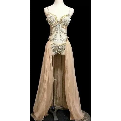 Sparkly Colorful Rhinestones Bra Short Sets Long Tail Female Singer Dance Costume Sexy Nightclub Bikini Outfit Party Stage Wear