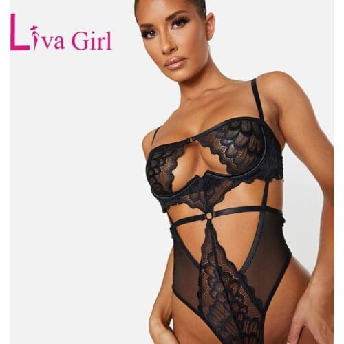 LIVA GIRL Womens Lace Hollow out Bodysuit Black Hollow Out Sleeveless Bodycon Bodysuit Female Clothing Night Wear Lingerie Tops