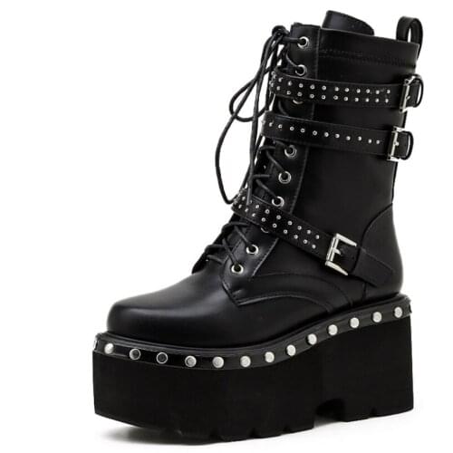 Fashion Black Boots Womens High Heels Autumn Winter Lace Up Platform Shoes Party Ankle Boots High Heels Punk Metal Rivets