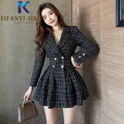 Black Plaid Blazer Dress Jacket Women Double Breasted Fashion High Waist Sexy Mini Dress Autumn Womens Long Sleeve Suit Dress
