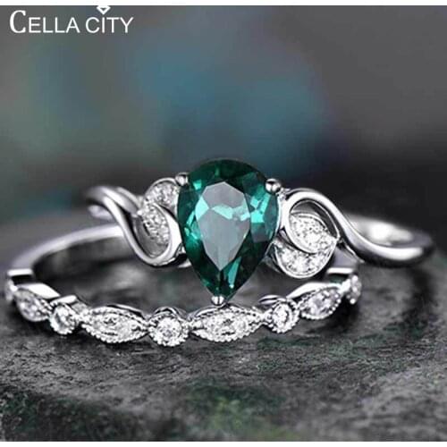 Cellacity 925 Silver Ring For Women Double Rings Set 2pcs/Lot With 6*8MM Water Drop Emerald Gemstones Engagement Fine Jewerly