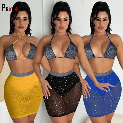 Prowow Sxey See Through Women Clothing Set Bright Silk Bra Skirt Two Piece Matching Suits 2021 New Summer Fashion Lady Outfits