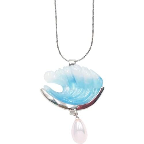 Ocean Wave Pendant Necklace Resin Pearl Simulation Gradient Blue Wave Necklace Handmade Beach Jewelry Copper Christmas Gift