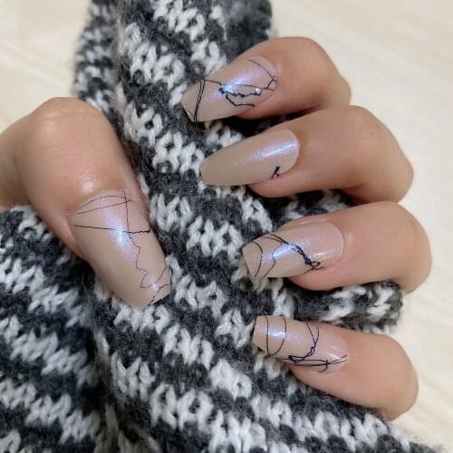 Lamemoria 24tips Balck Line Magic Mirror Powder Nail Tips Short Ballerina Press on Nails Artificial False Nails Nail Art Tool