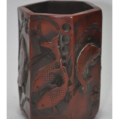 Lifelike old china manmade resin carve 9 Carp fish statue brush pot pencil vase
