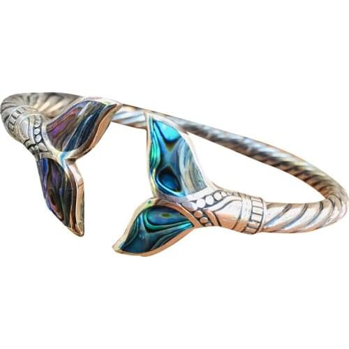 LXMH Abalone Shell and Mermaid Tail Bangle Bracelet Adjustable Open Hand Chain for Women Girls Trendy Resizable Bracelets