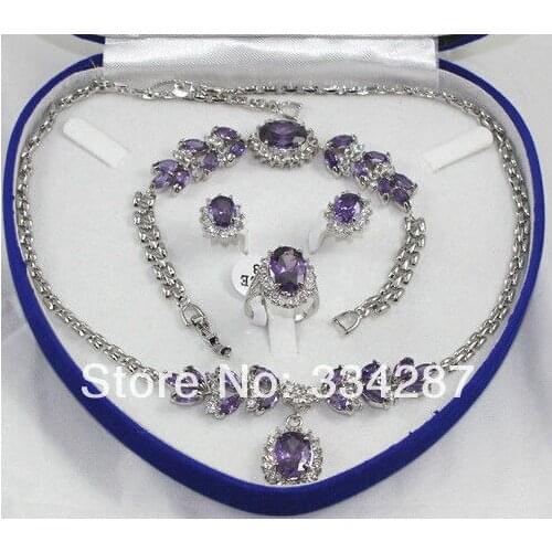 Lovely Sets Purple amethysts pendant necklace bracelet silver Stud earring Ring