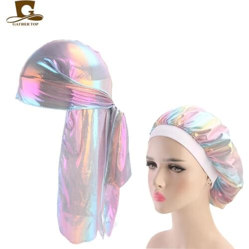 Fashion Mens Sparkly Silk Durag Bandana Headwear Colorful Wide Doo Rag Bonnet Polyester Cap Comfortable Sleeping Hat