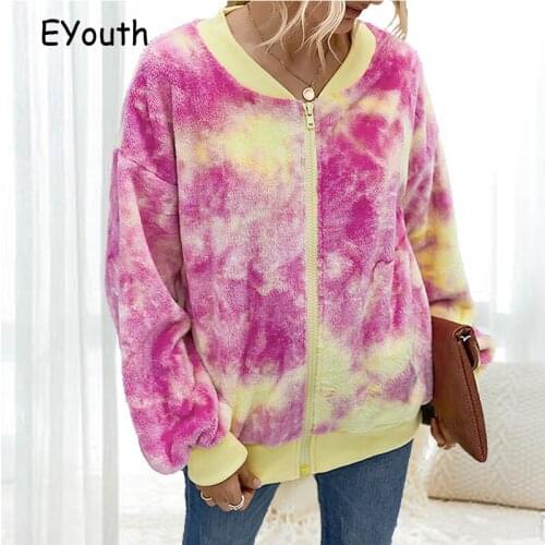 Fashion Women Jacket Winter Contrast Color Tie-dye Jacket Long-sleeved Plush Zipper Jackets Fall 2020 Women Clothing Cardigan