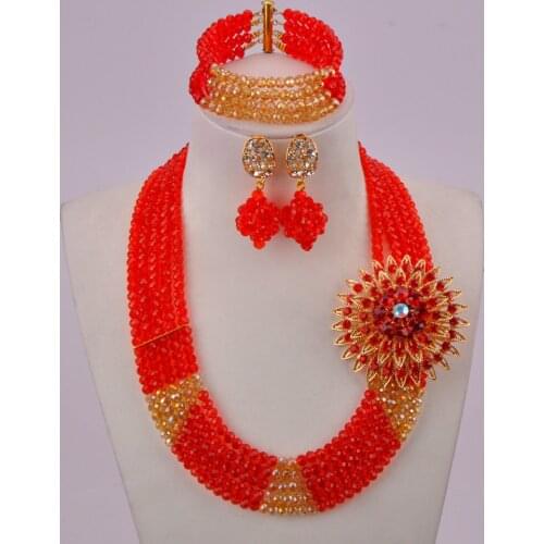 Fashionable red and champagne gold african necklace nigerian wedding set bridal jewelry set 5C-SSJ-10