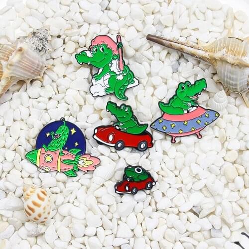 Cartoon Cute Animals Crocodile Frog Enamel Brooch Spaceship Rocket Car Cloud Alloy Pins Sweet Accessories Woman Jewelry Gift