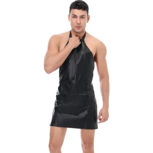 Mens Sexy Lingerie Black Leather Sexy Erotic Apron Front Open Crotch Crotchless Male Cosplay Uniforms Nightclub Stage Ds Costume