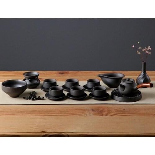 Ceramic Kung Fu Tea Set Stoneware Set Wooden Handle Side Handle Retro Black Pottery Zen Style Gift Tea Set Special Offer