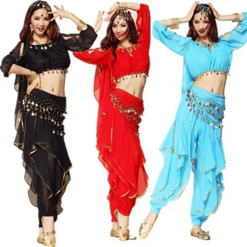 New style belly dance clothes costume belly dance set indian dance wear 4pcs M/L long sleeve&Pant&Belt&Headband,8 colors