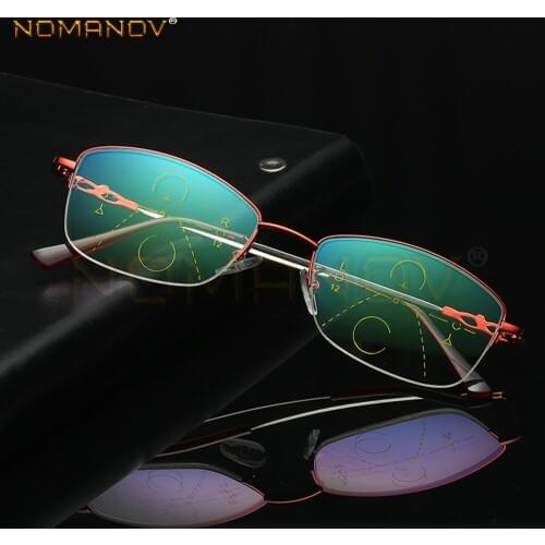 Memory Temple Half-rim Red Frame Ladies Women Fashion Progressive Multifocus Reading Glasses Add 75 100 125 150 175 200 to 400
