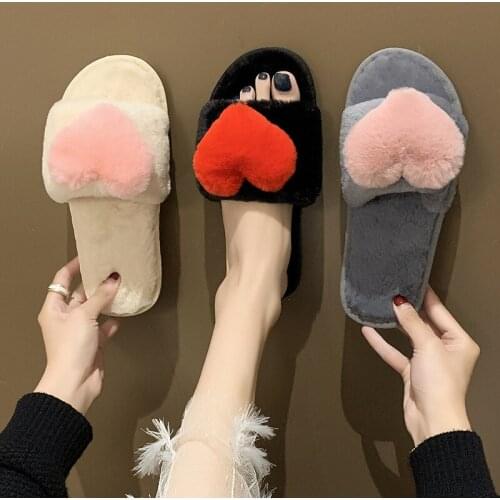 Autumn Winter New Peach Heart Plush Slippers Women Winter Wear All-Match Flip-Flops Home Open-Toed Cotton Slippers Fashionable