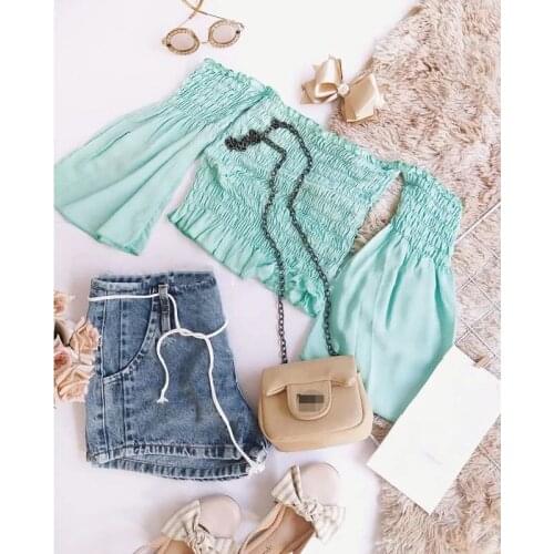 1-6Y Autumn Fashion Children Girls Clothes Sets Kids Solid Flare Sleeve Elastic Ruffles Tops+Denim Shorts Holiday Casual Outfits