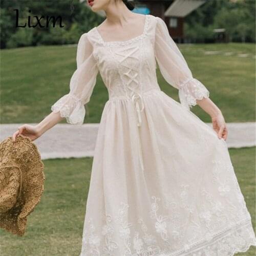 Summer fairy chic gentle temperament little French retro square collar super fairy popular Lace up dress