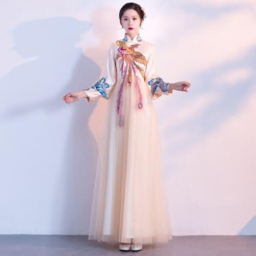 Modern Chinese Dress Cheongsam Wedding Dress Qipao Embroidery Phenix Champagne Formal Dress Women Elegant Chinese Dresses AA4546