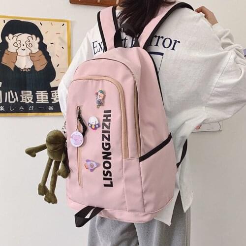 Women Bag for School Girls Teenage Pink Nylon Large Capacity Middle High School Bags Cute Badge Pendant