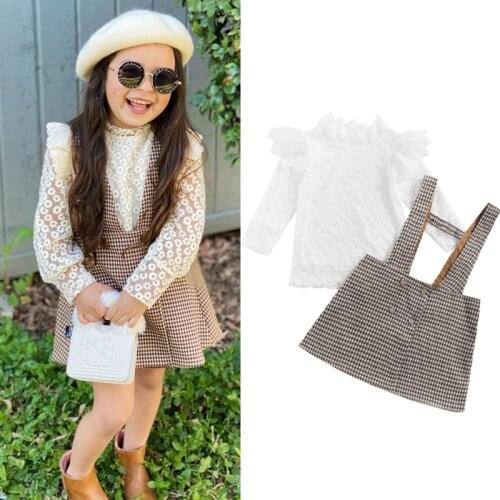 FOCUSNORM 1-5Y Fashion Kids Girls 2pcs Clothes Sets Lace Floral Long Sleeve Ruffles Collar Tops Plaid Printed Suspender Dress