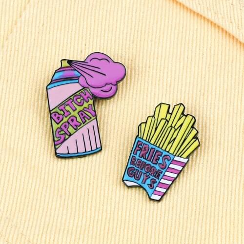 Funny French Fries Spray Bubble Machine Brooches Food Enamel Pin Badge Metal Button Lapel Pins Clothes Jewelry Friends Kids Gift