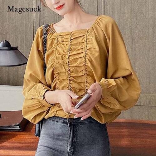 2020 Casual Solid Autumn Korean Slim Chiffon Women Blouse Puff Long Sleeve Pullover Shirt Women Plus Size Ladies Clothing 10698